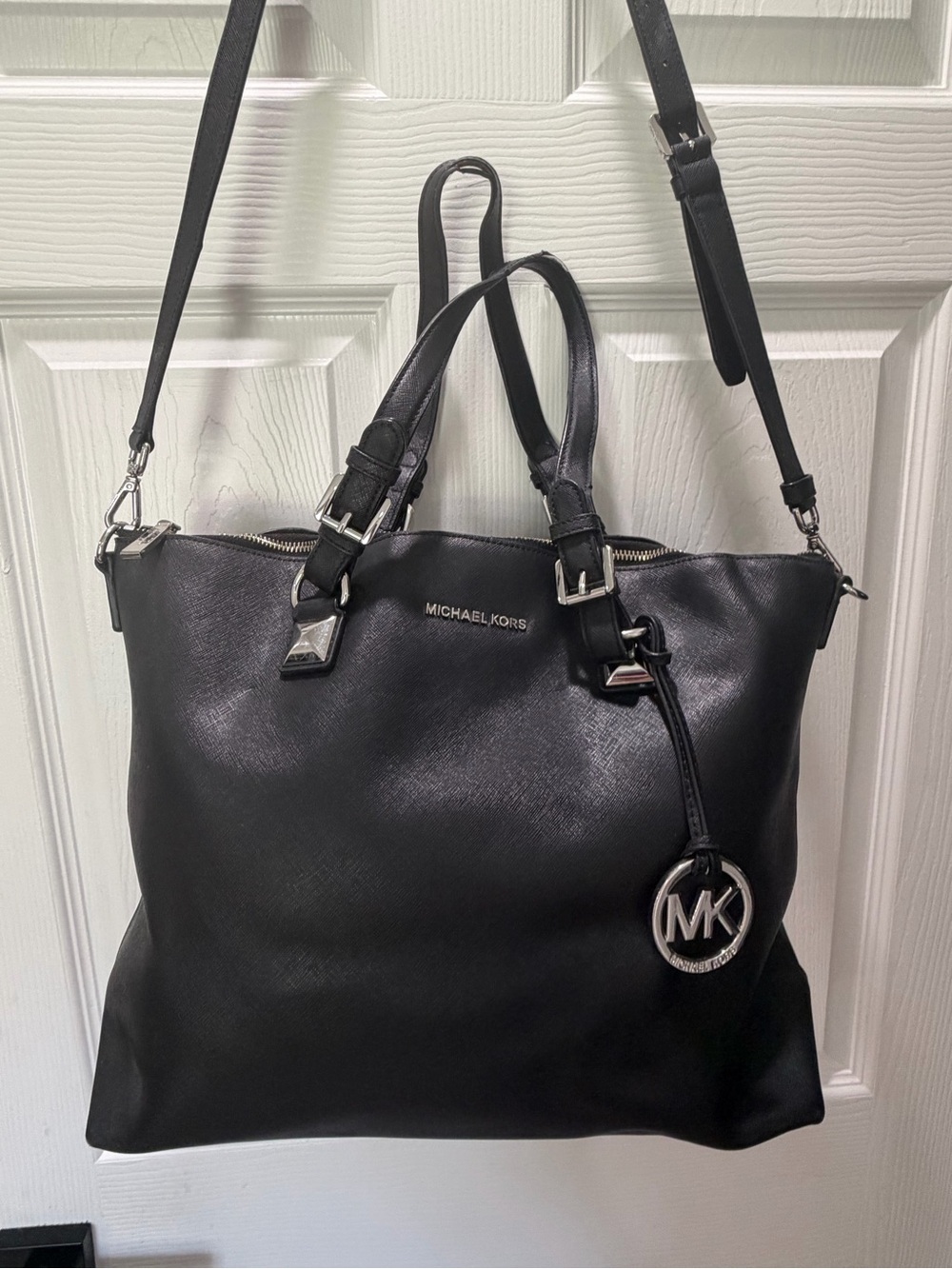 Michael Kors Black Leather Tote with MK Pendant Charm